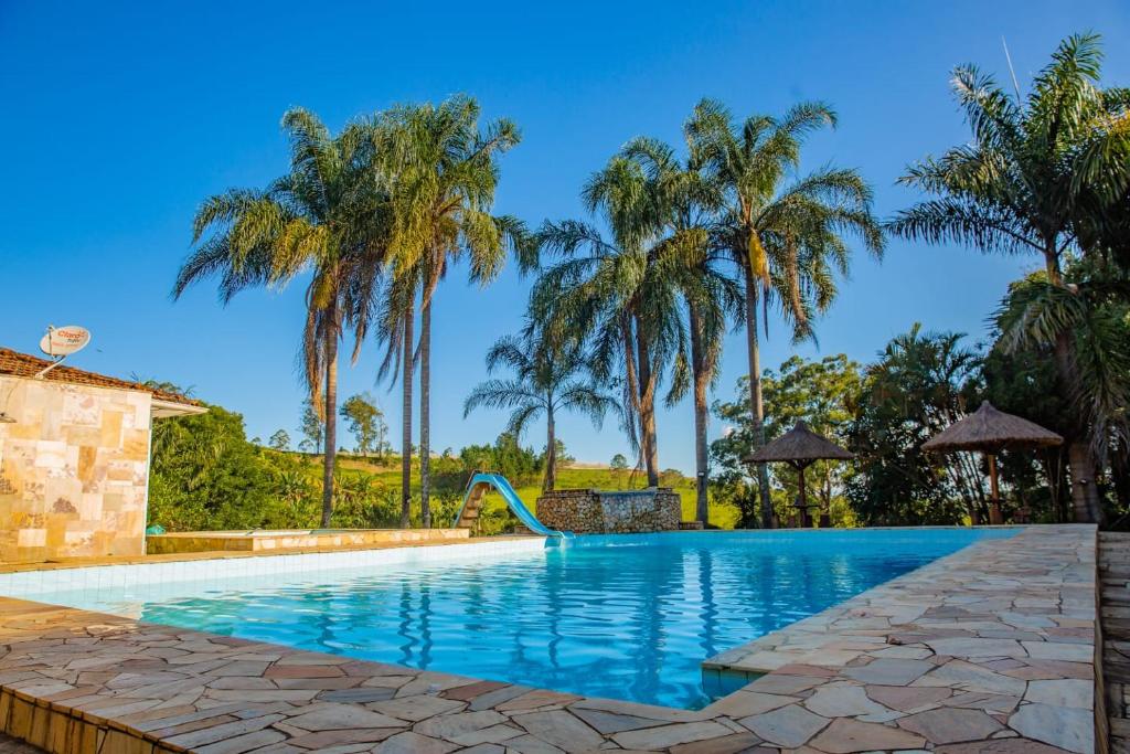 a swimming pool with palm trees and a slide at Sitio Vila Cristina - Mogi in Mogi das Cruzes