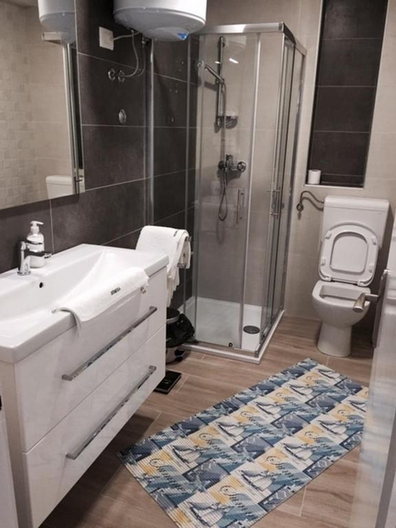 W łazience znajduje się prysznic, umywalka i toaleta. w obiekcie Apartments by the sea Stara Novalja, Pag - 234 w mieście Stara Novalja
