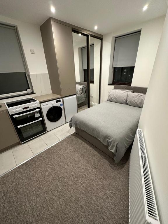 ヘンドンにあるUnique Modern, 1 Bed Flat, 15 Mins To Central Londonのベッドルーム(ベッド1台、薄型テレビ付)