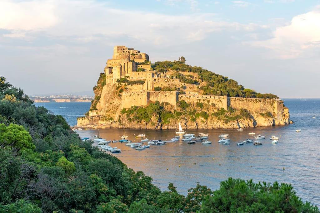 un castello su un'isola con barche in acqua di Acqua marina, Ischia a Ischia