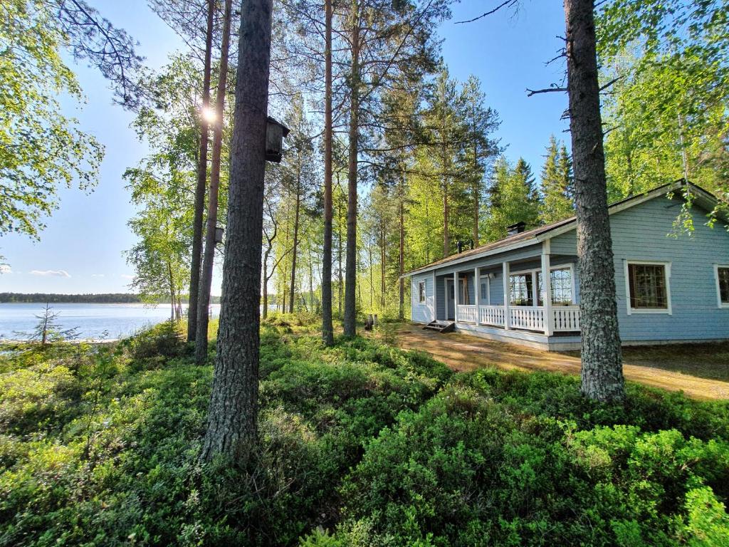 a house in the woods next to a lake at Lomamokkila Cottages in Savonlinna