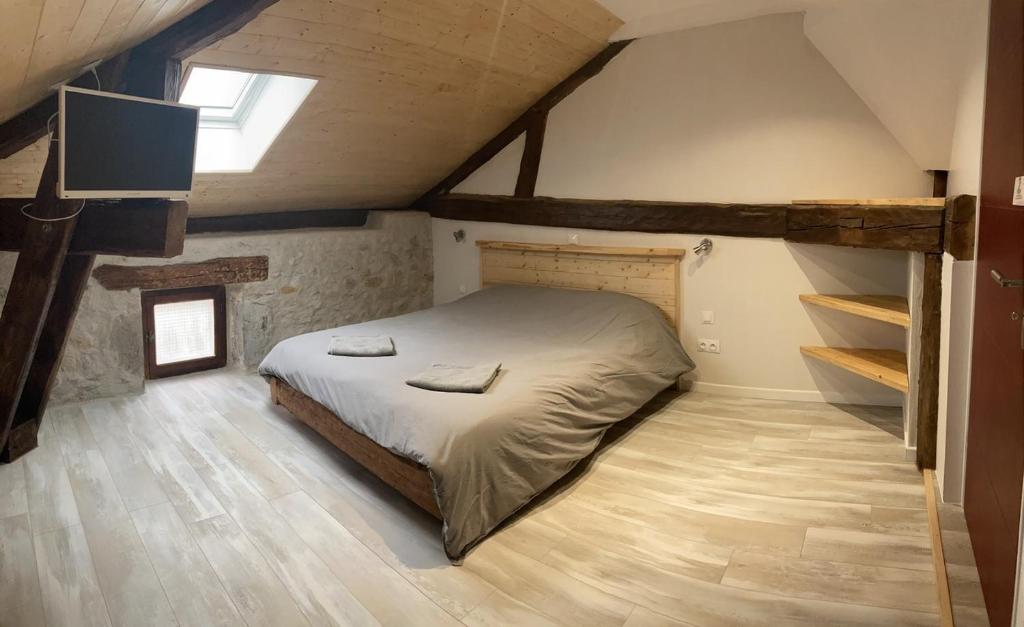 a bedroom with a bed and a tv in a attic at chambre avec SDB privative, salon et cuisine partagés 