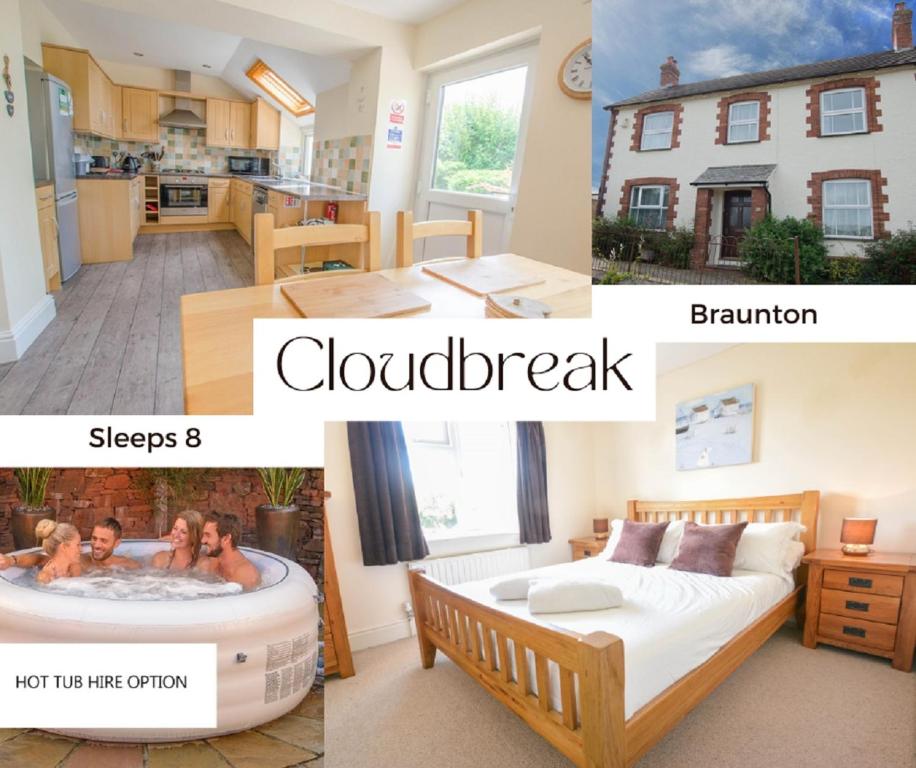 a collage of pictures of a bedroom and a kitchen at Cloudbreak Braunton, Sleeps 8 - Hot Tub hire - Dog Friendly in Braunton