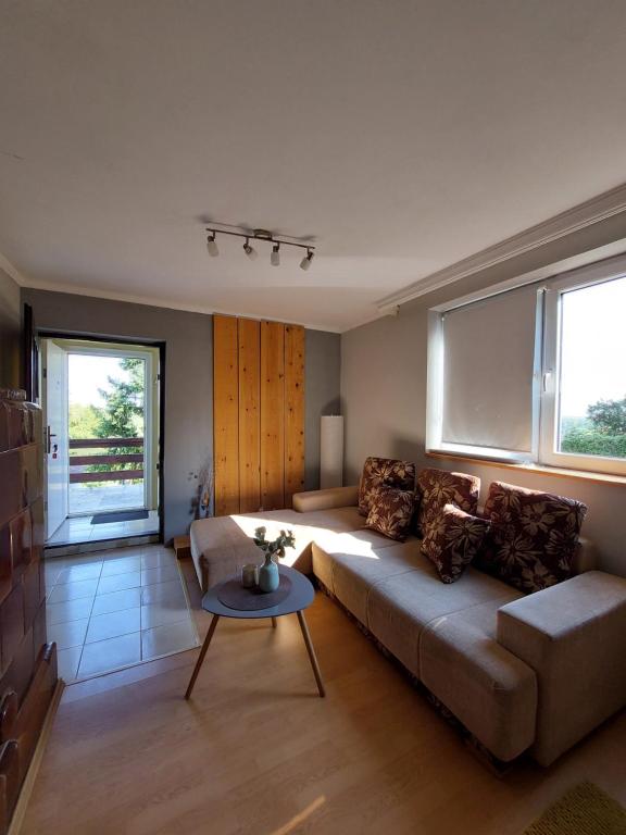 uma sala de estar com um sofá e uma mesa em OLOR Apartman 2 - Banoštor em Banoštor