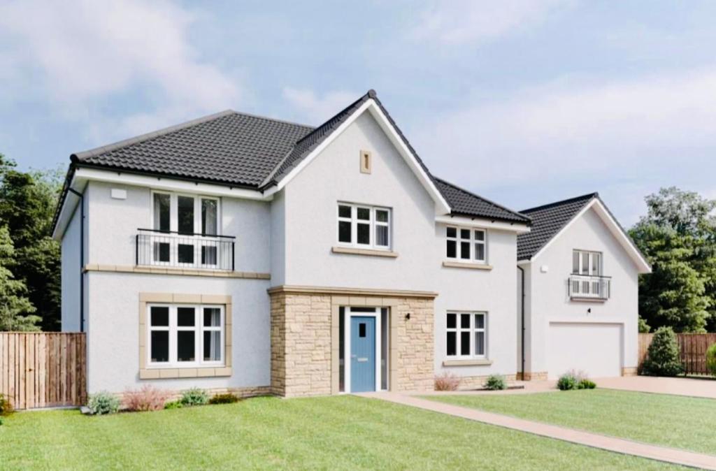 an image of a new build house at Glasgow Central Luxurious Villa - Spacious and Contemporary. 13 mins Drv to Glasgow City Centre. 6 bedrooms, 5 Bathrooms, Double Garage, E Car Charging, Huge Garden. Excellent Location, Golf Course minutes away. Corporate Clients Welcome! in Newton Mearns