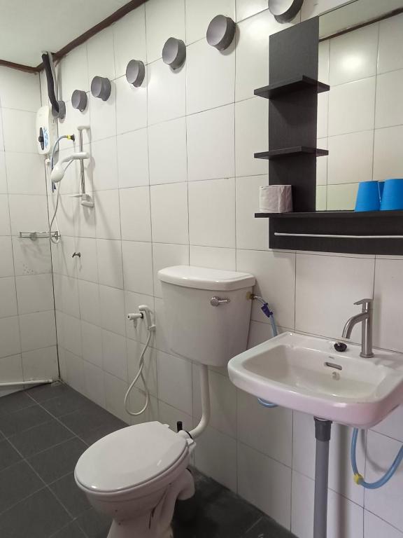 a bathroom with a toilet and a sink at Tiongman Scubadive & Lodge in Tioman Island