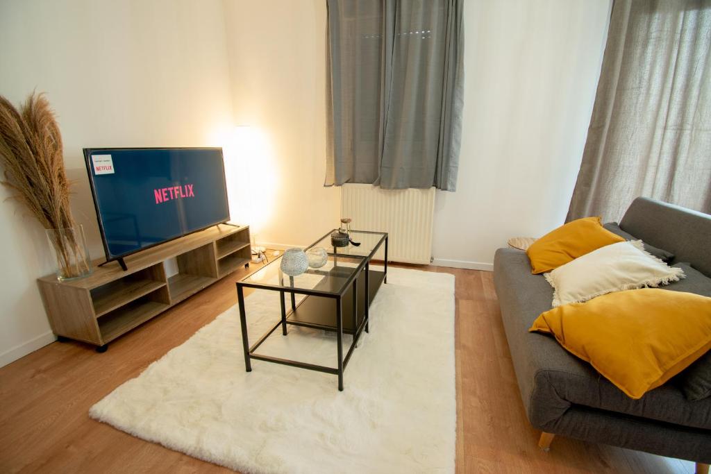 een woonkamer met een bank en een tv bij LES DUNES Studio Cosy-Terrasse-Parking -Proche paris in Vitry-sur-Seine