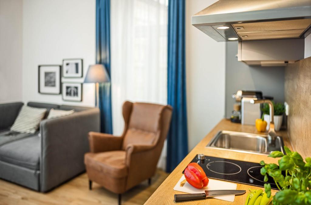 a kitchen and living room with a couch and a sink at Jimmy's Apartments Emerald in Vienna
