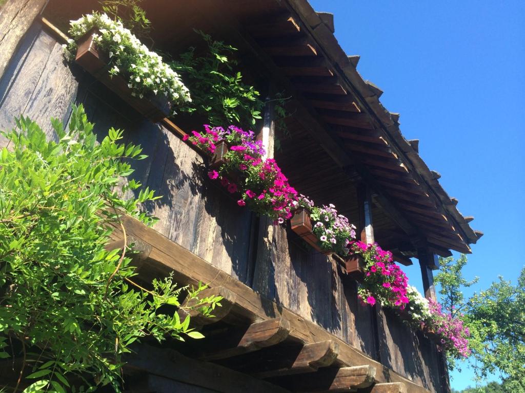 un bâtiment avec des fleurs sur son côté dans l'établissement Stefanina Guesthouse, à Bozhentsi