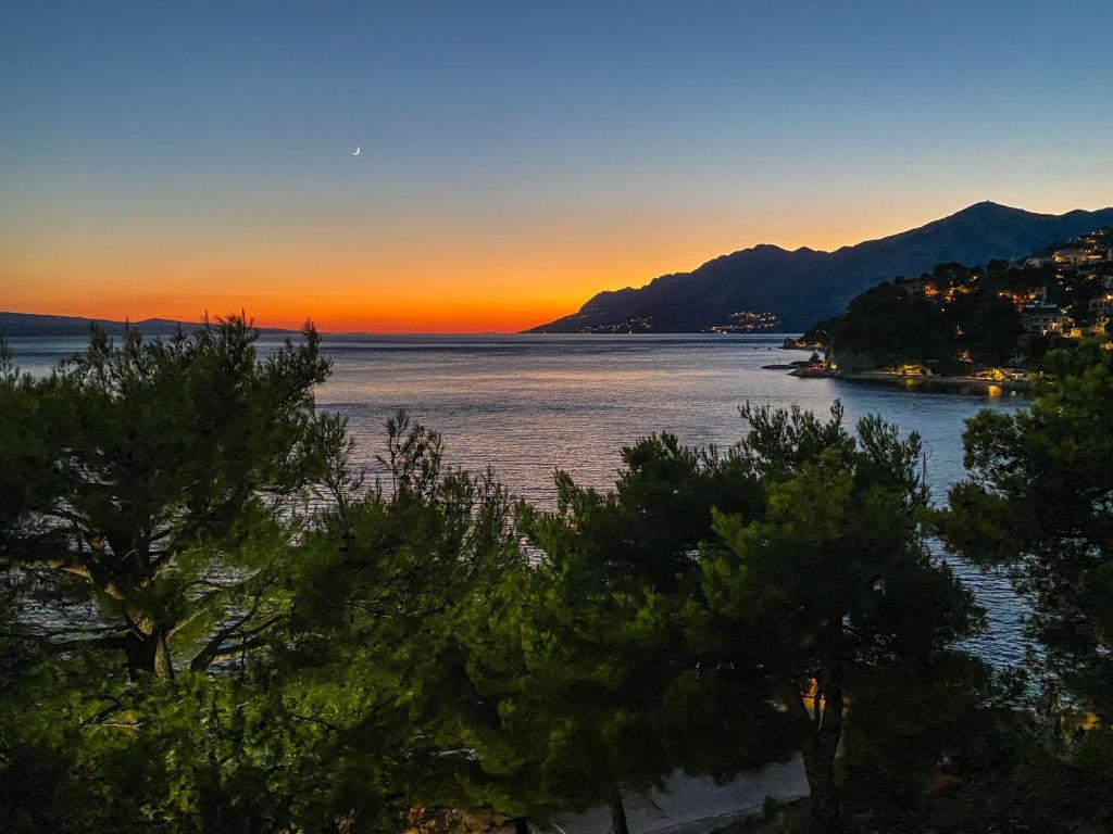 a sunset over the water with trees in the foreground at Apartment Bikin Top Floor in Brela