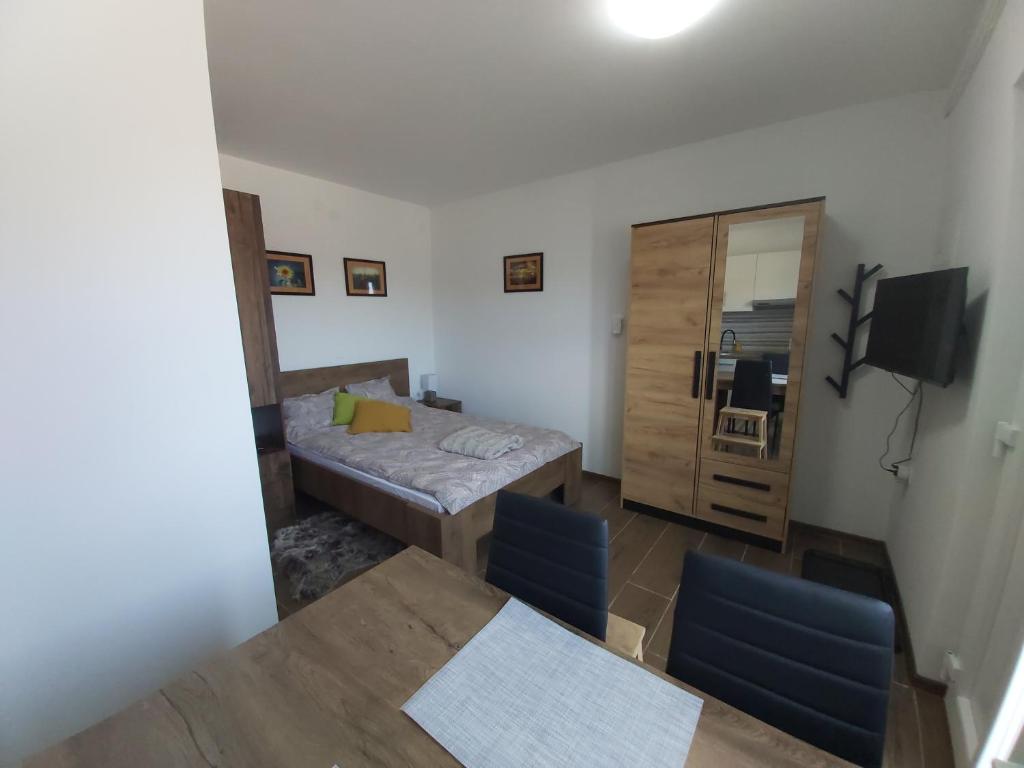 a room with a bed and a table and chairs at Studio apartman Draga in Velika Ludina