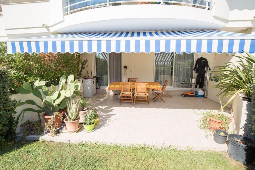 un patio con toldo azul y blanco y plantas en Quiet and cozy 1BR close to beach and all services, en Saint-Raphaël