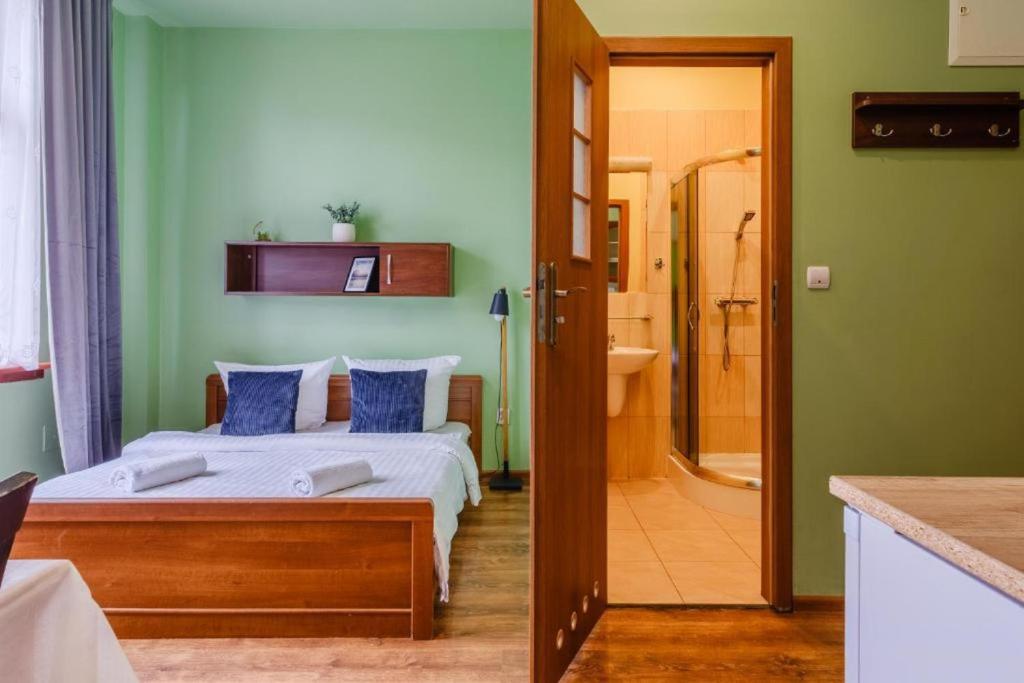 una camera con letto e un bagno con doccia di Apartamenty Krupówki a Zakopane