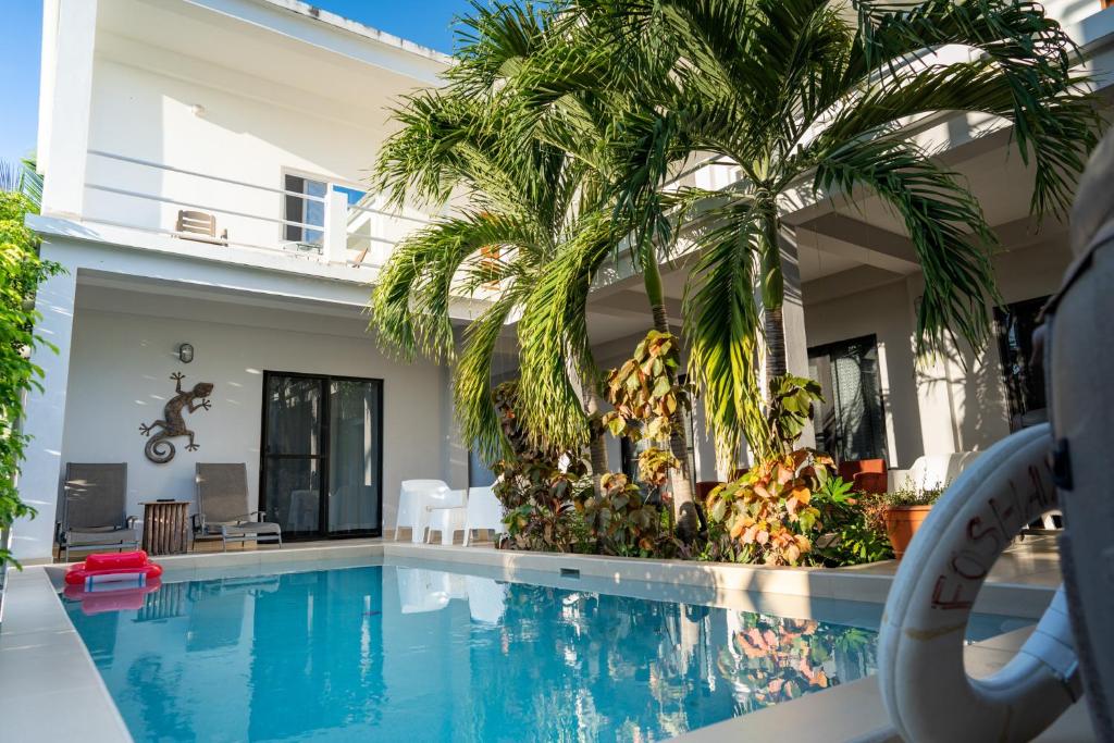 una piscina con una palmera junto a una casa en Seremei Villas en Caye Caulker