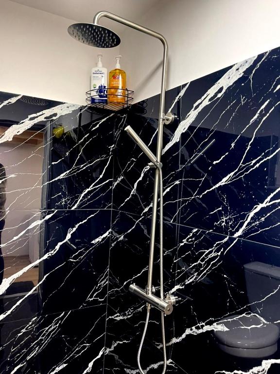 y baño con ducha y pared de mármol azul. en Guest House Dashi, en Gjirokastra