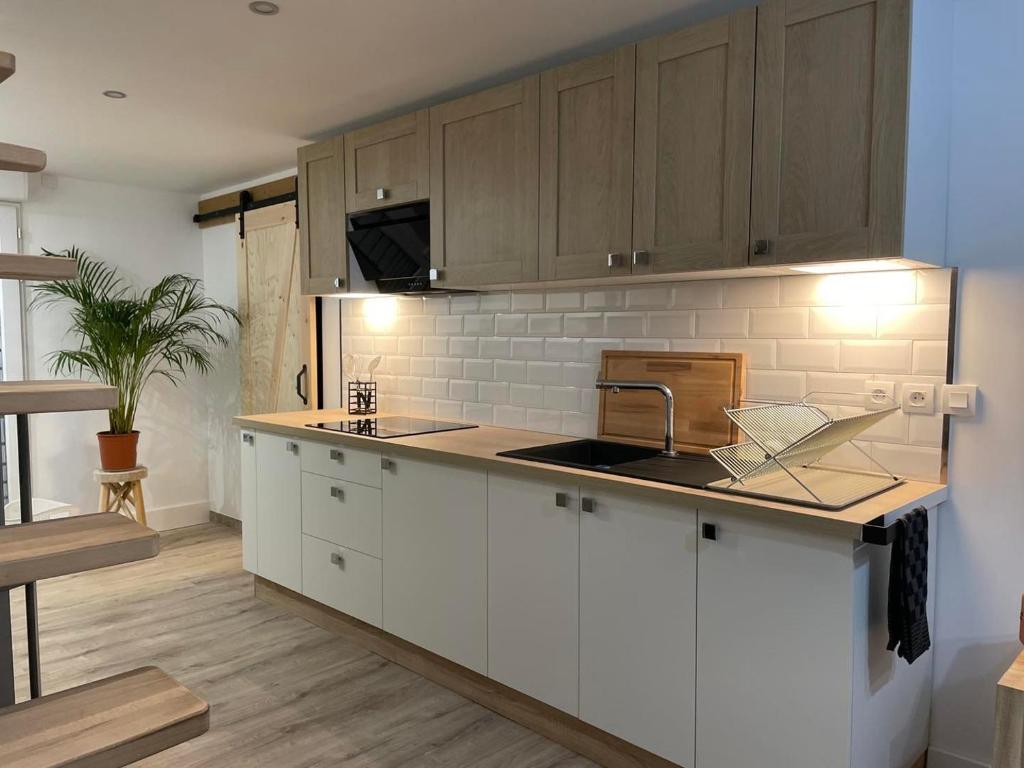 uma cozinha com armários brancos e uma bancada em La Salamandre de l Olivier - Le Magnolia em Aubignosc