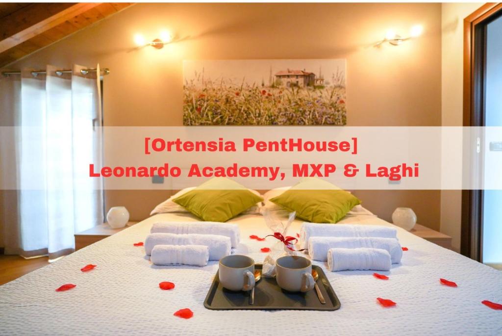una camera da letto con un letto con cuori rossi sopra di [Ortensia PentHouse] Leonardo Academy, MXP & Laghi a Sesto Calende