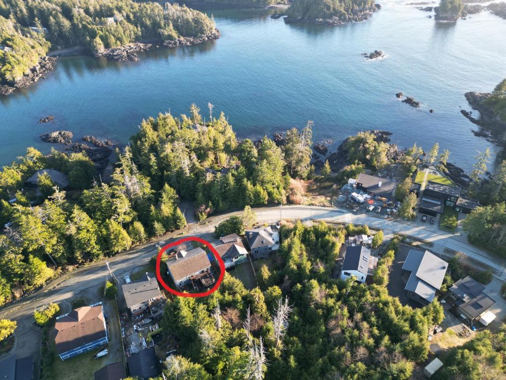 an aerial view of an island with a red circle at Suite and Simple in Ucluelet