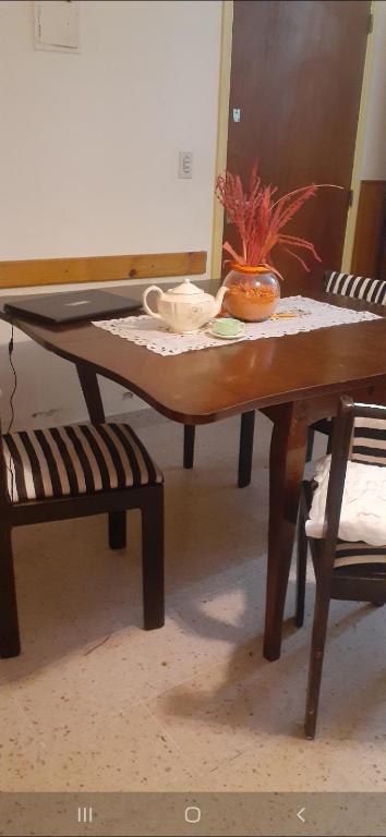 una mesa de madera con una planta encima en Depto en Sab Ber en San Bernardo