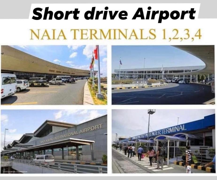 three pictures of a airport with the words short drive airport and naja terminals at SHORE RESIDENCE D13 shortwalk Mall of asia near airport in Manila