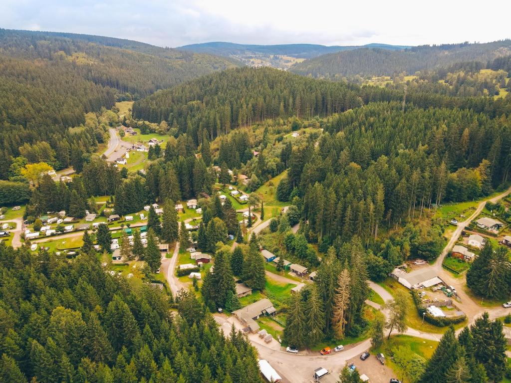 an aerial view of a park in the middle of a forest at Ferienhäuser & Bungalows - Naturcamp Meyersgrund im Thüringer Wald in Ilmenau