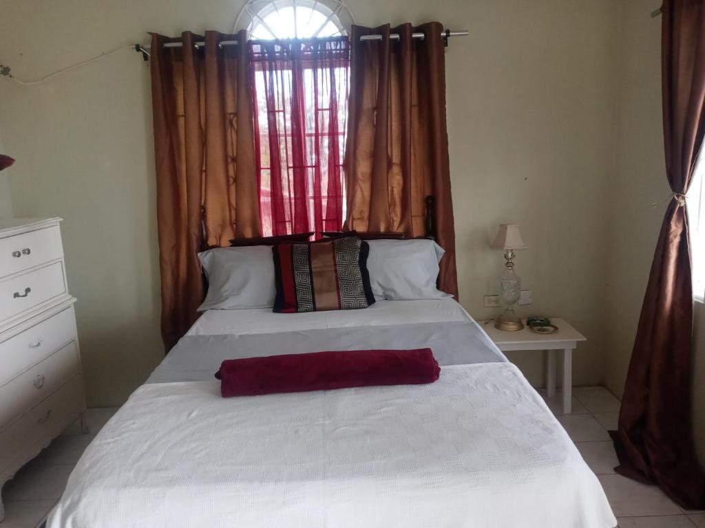 a bedroom with a large white bed with a window at Cozy Guest Room in Port Antonio