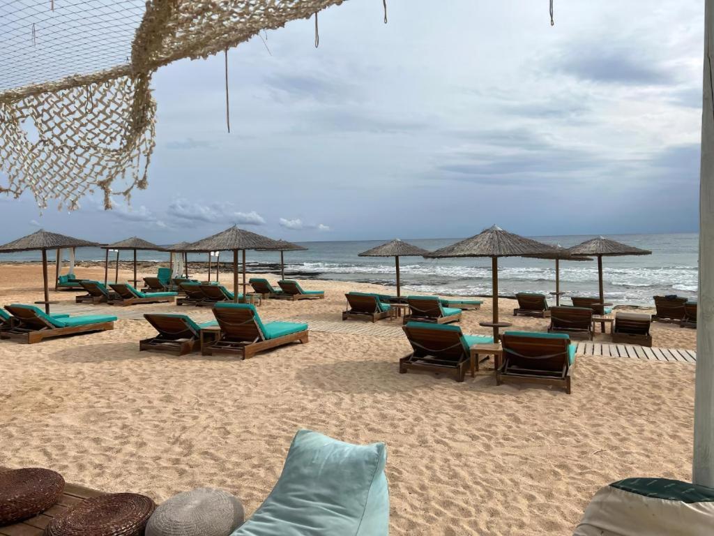 a beach with chairs and umbrellas and the ocean at Leo Boutique Beachfront in Ayia Napa