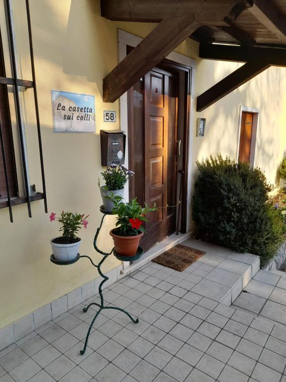 La casetta sui colli في Perarolo: باب أمام منزل به نباتات الفخار