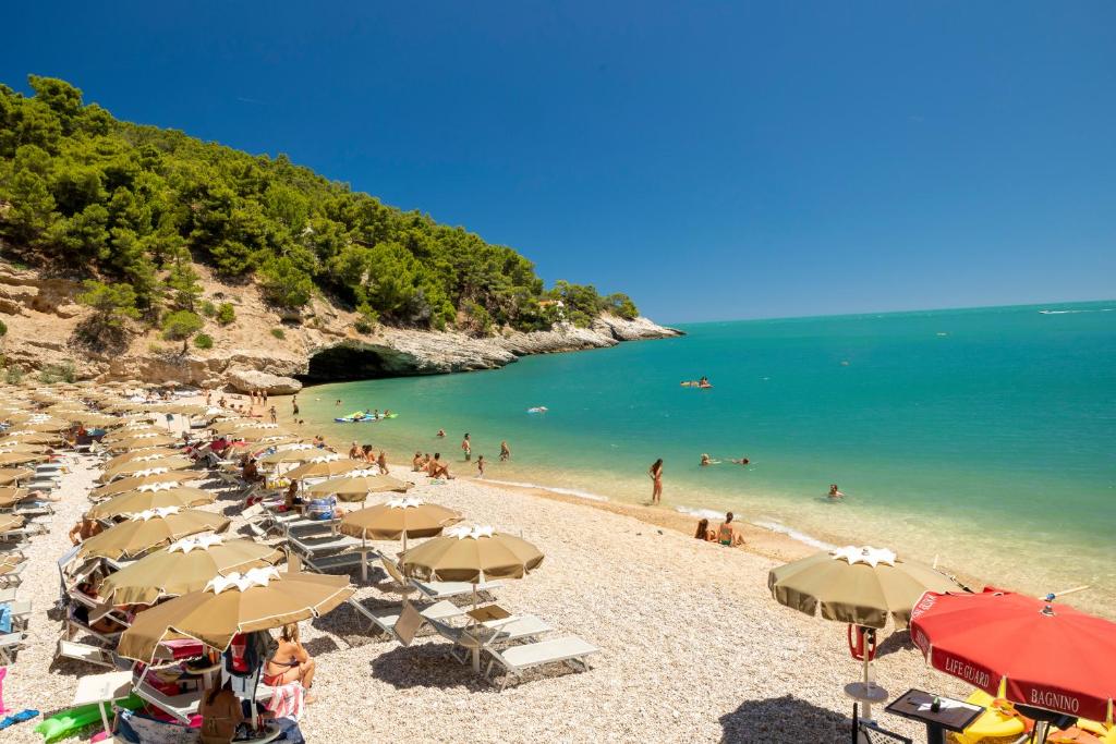ein Strand mit Sonnenschirmen und Menschen im Wasser in der Unterkunft Hotel degli Ulivi in Vieste