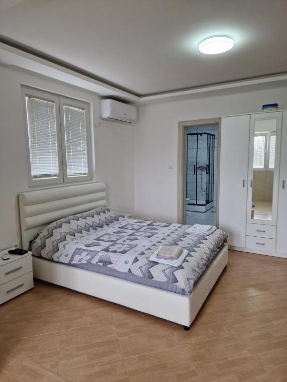 a bedroom with a large bed and two windows at Apartman Tološi in Podgorica