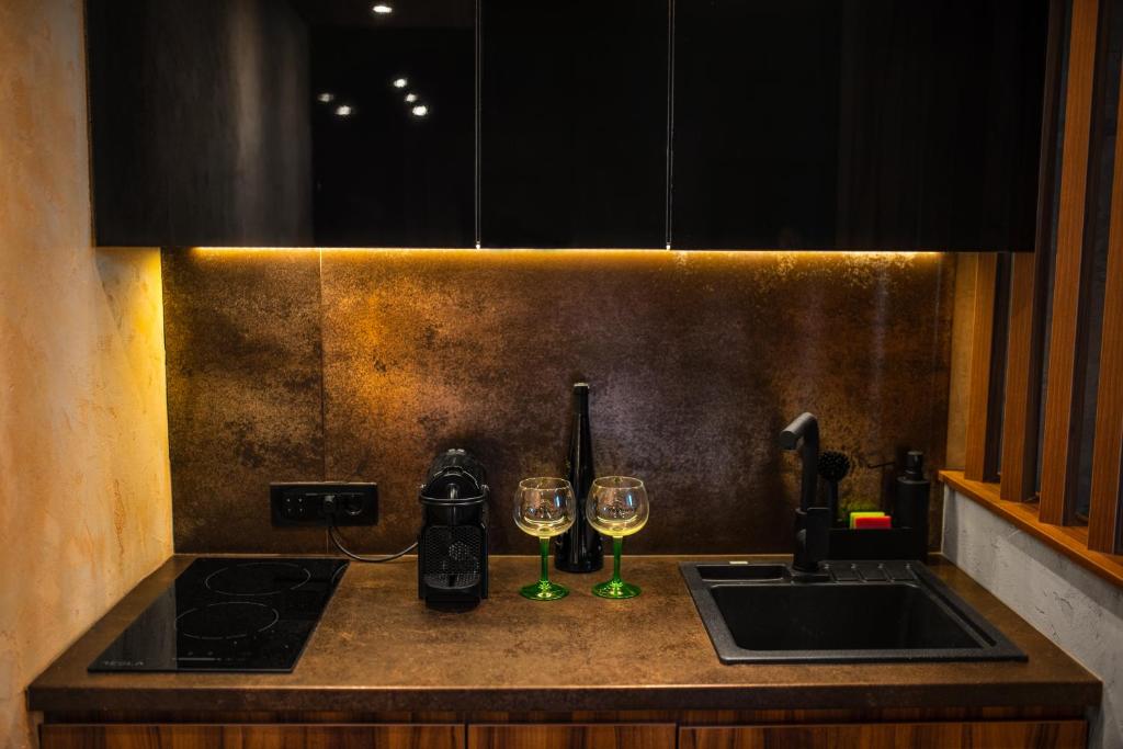 a kitchen counter with a sink and two wine glasses at MaLux Nis in Niš