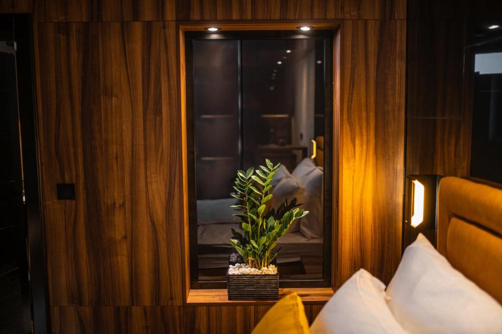 a bedroom with a mirror and a potted plant at MaLux Nis in Niš
