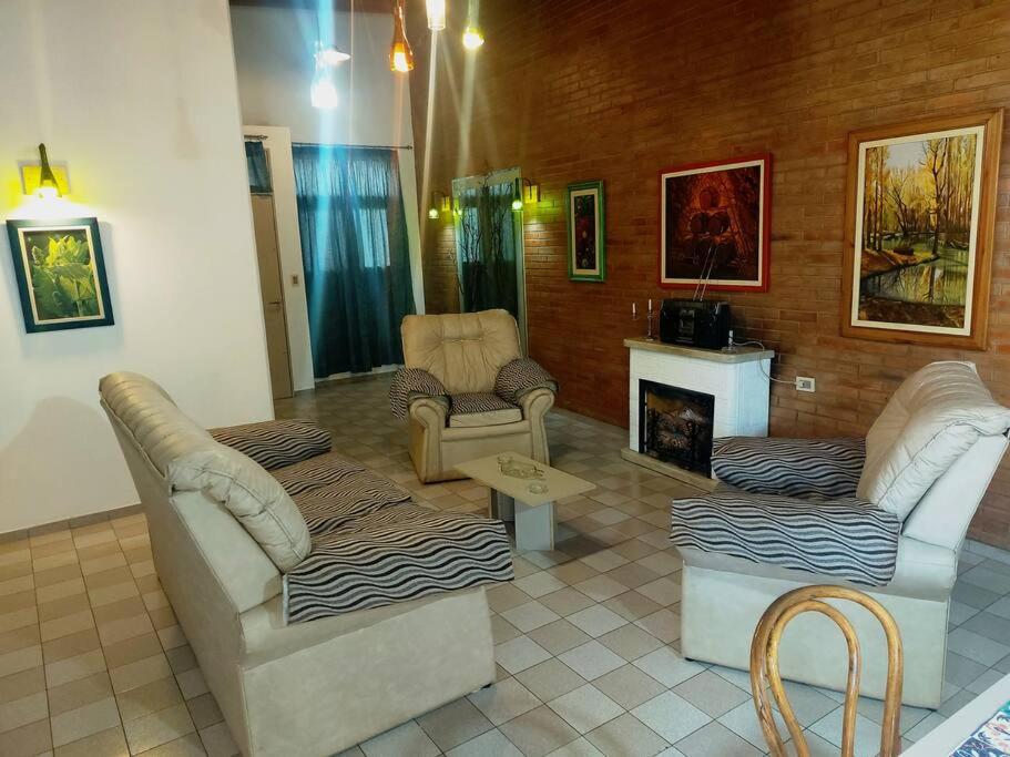 sala de estar con 2 sofás y chimenea en La Tranquilidad Soñada en Mendoza