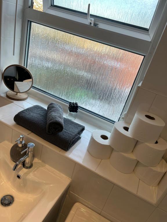 La salle de bains est pourvue d'un lavabo et d'une fenêtre avec du papier toilette. dans l'établissement Stylish 2bed house in birmingham, à Birmingham