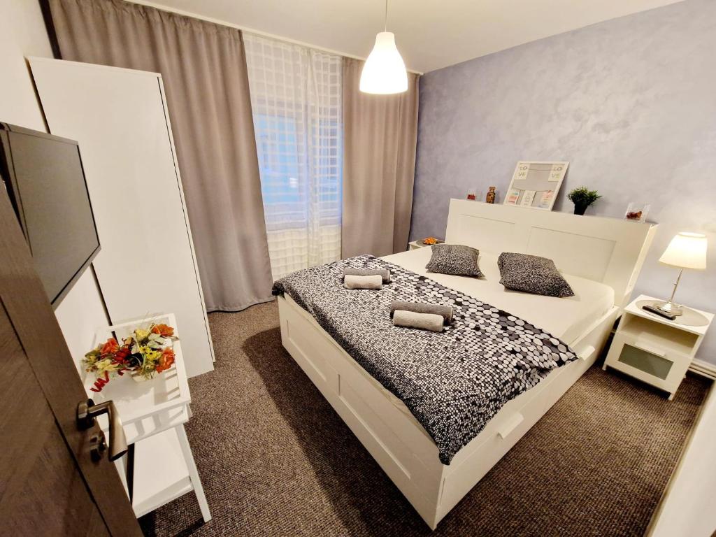 Un dormitorio con una cama y un televisor. en Marcos Apartments - Stanisoarei - self check-in, en Reşiţa