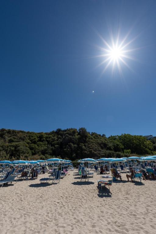grupa leżaków i parasoli na plaży w obiekcie Il Poggio Di Tropea w mieście Parghelia