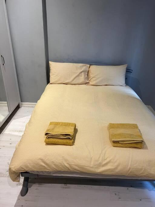 een bed met twee handdoeken in een kamer bij Ground floor One Bedroom Flat Hyde Park In Central London in Londen