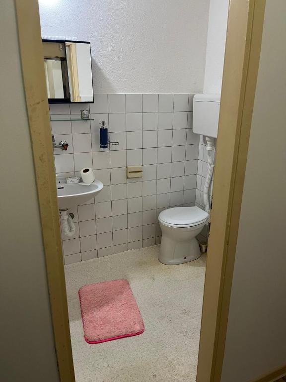 bagno con servizi igienici, lavandino e tappeto rosa di Mance apartments a Paraćin