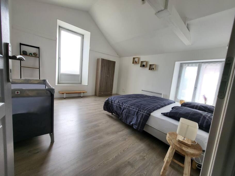 ein Schlafzimmer mit einem großen Bett und zwei Fenstern in der Unterkunft appartement proche des remparts in Langres