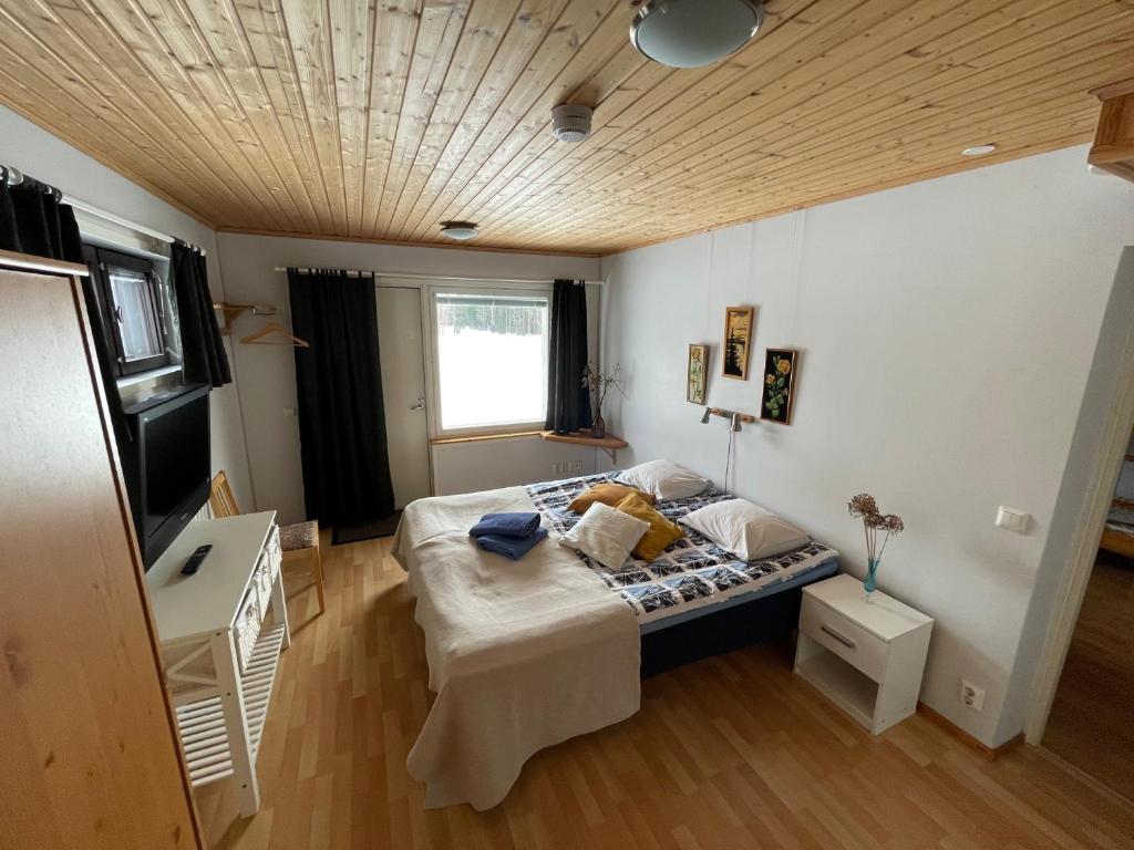 a bedroom with a bed and a table and a television at Lamminmäen Juhla ja Peti in Joutsa