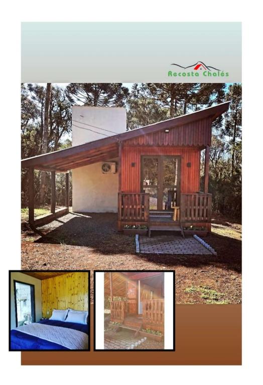 uma imagem de uma pequena cabana com uma cama em Recosta Chalés em Cambará