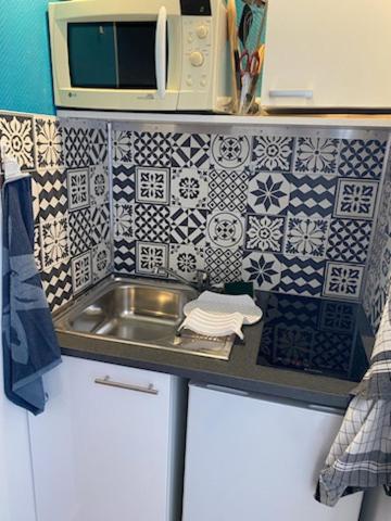 małą kuchnię ze zlewem i kuchenką mikrofalową w obiekcie Le Zen -studio tout équipé- WIFI Fibre- centre ville avec parking w mieście Tarbes