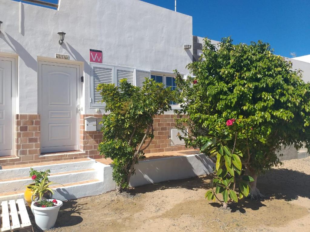 una casa bianca con una porta bianca e due cespugli di La casita de Yolanda a Caleta de Sebo