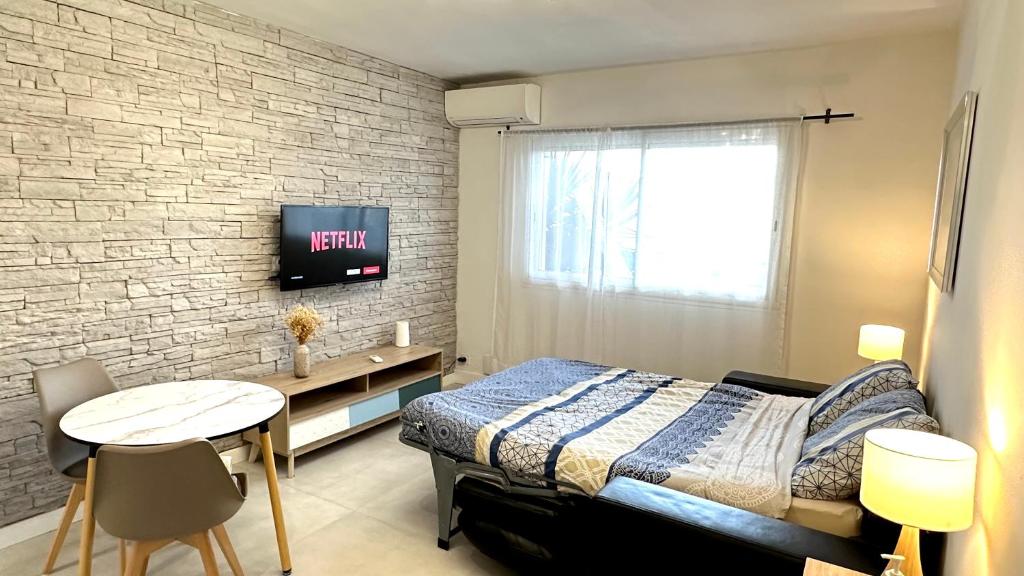 um quarto com uma cama, uma mesa e uma televisão em Pietranera studio proche de la mer à 2km de Bastia em Palagaccio