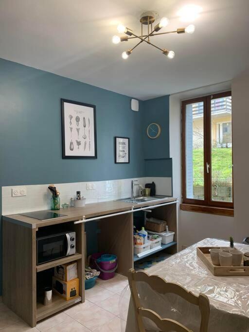 kuchnia z niebieskimi ścianami i stołem z kuchenką mikrofalową w obiekcie Fontaine:Cosy*wifi*gare*pratique w mieście Bellegarde-sur-Valserine