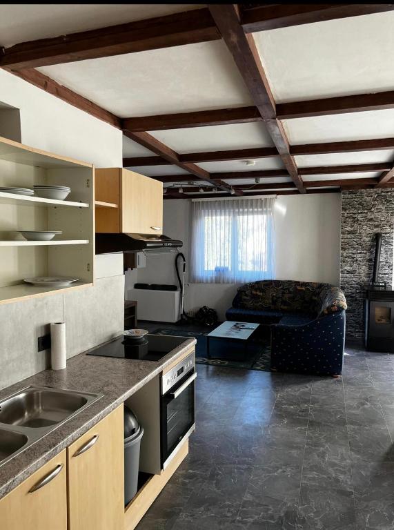 eine Küche und ein Wohnzimmer mit einem Sofa in der Unterkunft FeWo Teusch Top 6 in Arnoldstein