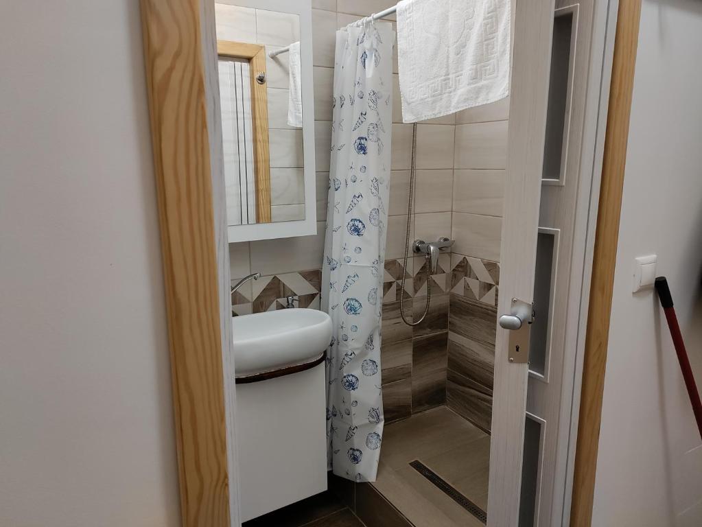 małą łazienkę z umywalką i lustrem. w obiekcie Damjanich apartman w mieście Kaposvár