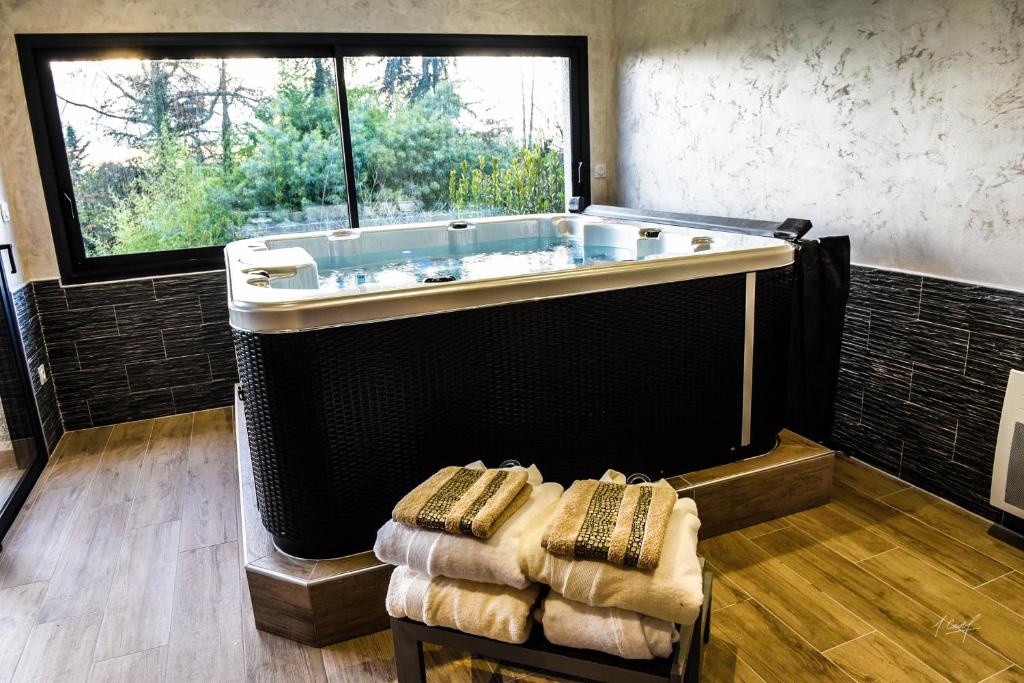 a large bath tub in a room with a window at Secret de campagne Spa in Grisolles