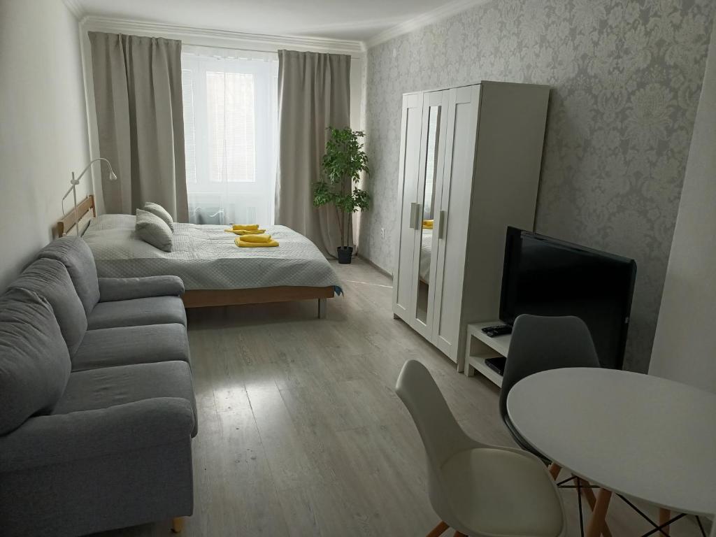 Oldie Apartment Šamorín في شامورين: غرفة معيشة مع أريكة وسرير