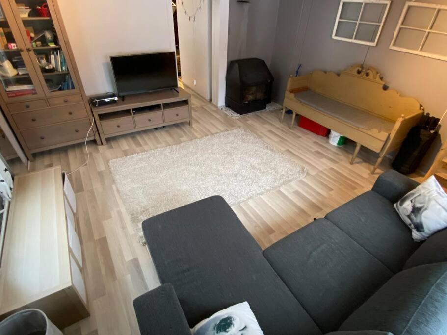 uma sala de estar com um sofá azul e uma televisão em Villa Oiva em Ylihärmä